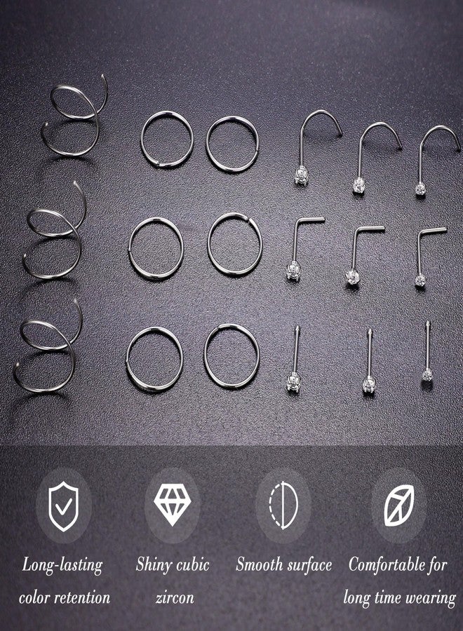 LOREMOW 22G 18Pcs G23 Titanium Nose Rings Hoops for Sensitive Skin Double Nose Rings L Shaped Nose Studs Hypoallergenic Nose Piercings Jewelry Silver - Image 3
